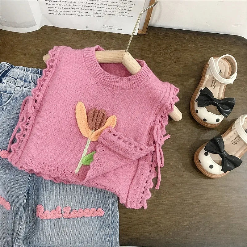 Children's Clothing sets 2-7 Years Pink Knitted Waistcoat + Jeans Summer Outfit Toddler Infant Clothing Set Kids Wear
