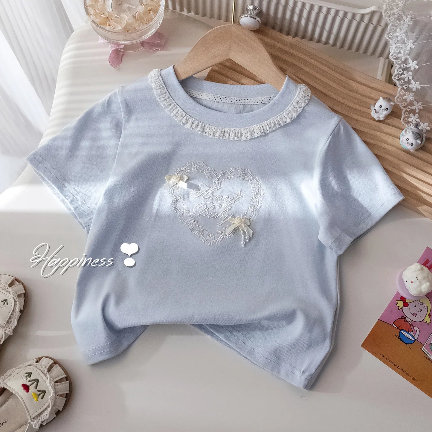 2025 Summer Children Girls 2PCS Clothes Set Lace Embroidery Short Sleeve T-shirt Stylish Puffy Skirts Suit Toddler Girl Outfits