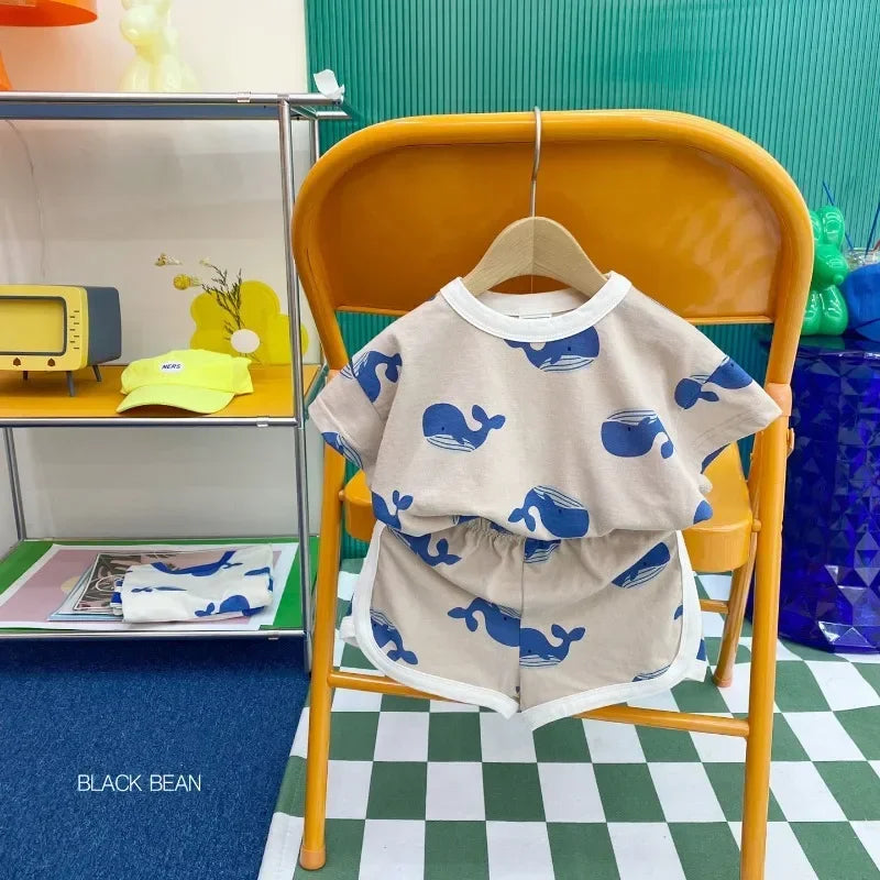 Full Print dolphin Tees +shorts Boys And Girls Cute Cotton Fashion Crew Neck Pullover Short Sleeve Home Clothes 2pcs Suits