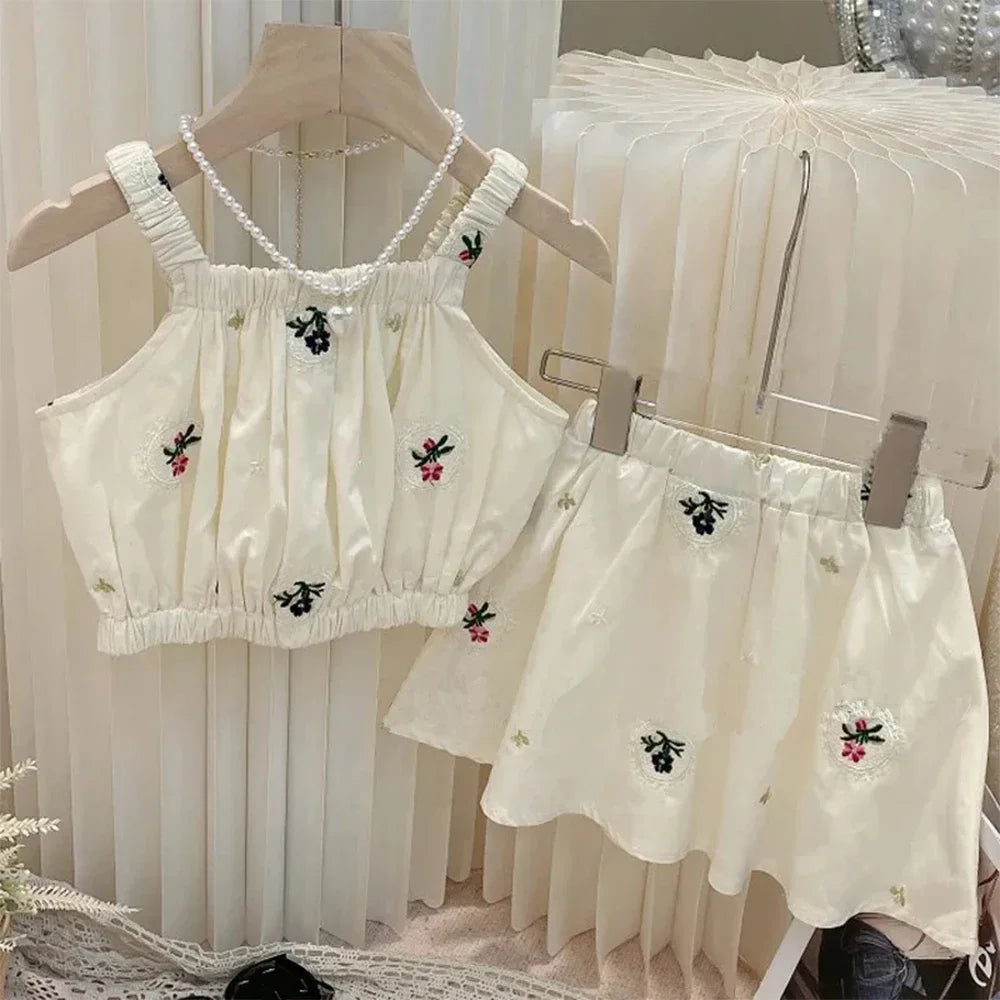 Girls Summer Plain Casual Clothing Embroidery Flower Sleeveless Sling Top + Skirt 2 Pcs Set 2-5 Years Kids Fashion Cute Wear
