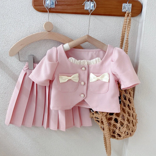 2023 New Kids Summer Short Sleeve Pocket Lace Bow Bead Coat Solid Color Pleated Skirt Two Pieces Set Girls Boutique Outfits