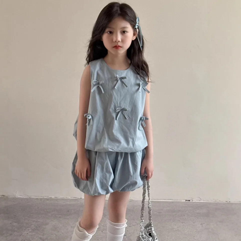 kid girls two-piece set bowknot fashion flowerbud-shaped pant clothing set