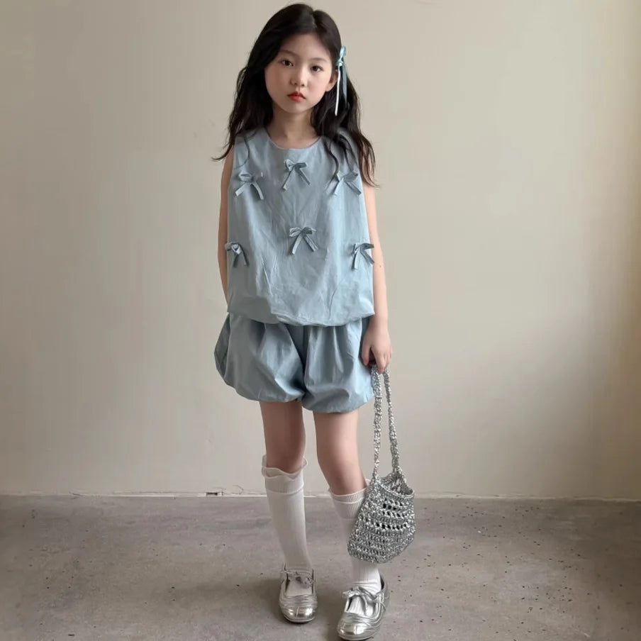 kid girls two-piece set bowknot fashion flowerbud-shaped pant clothing set