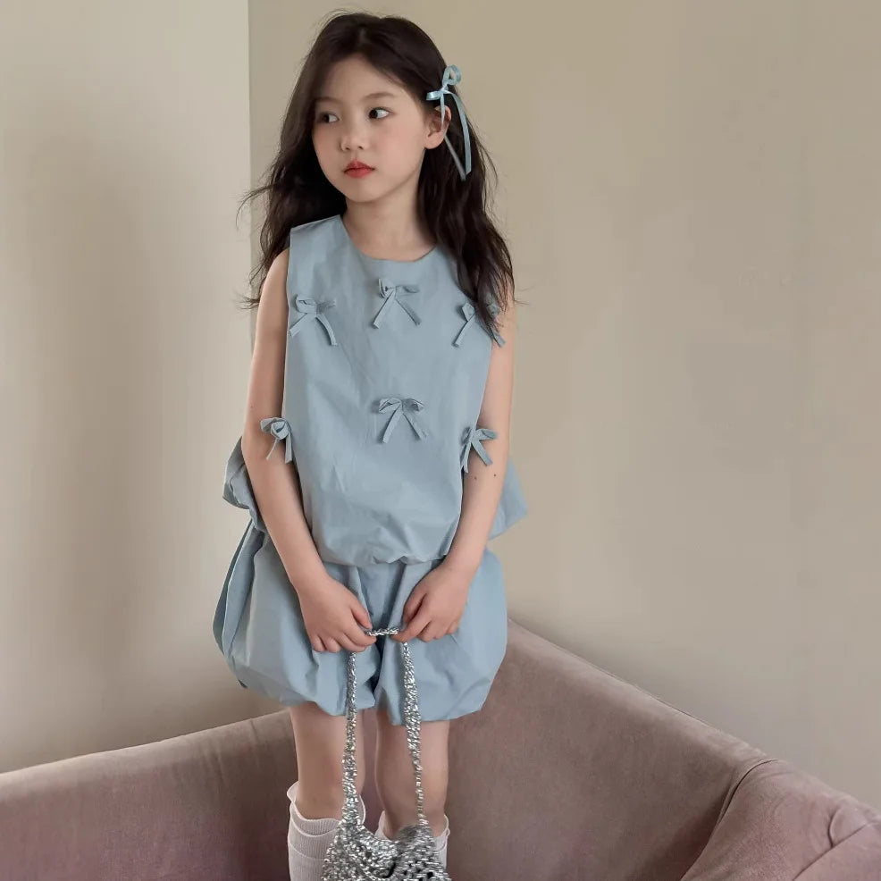 kid girls two-piece set bowknot fashion flowerbud-shaped pant clothing set