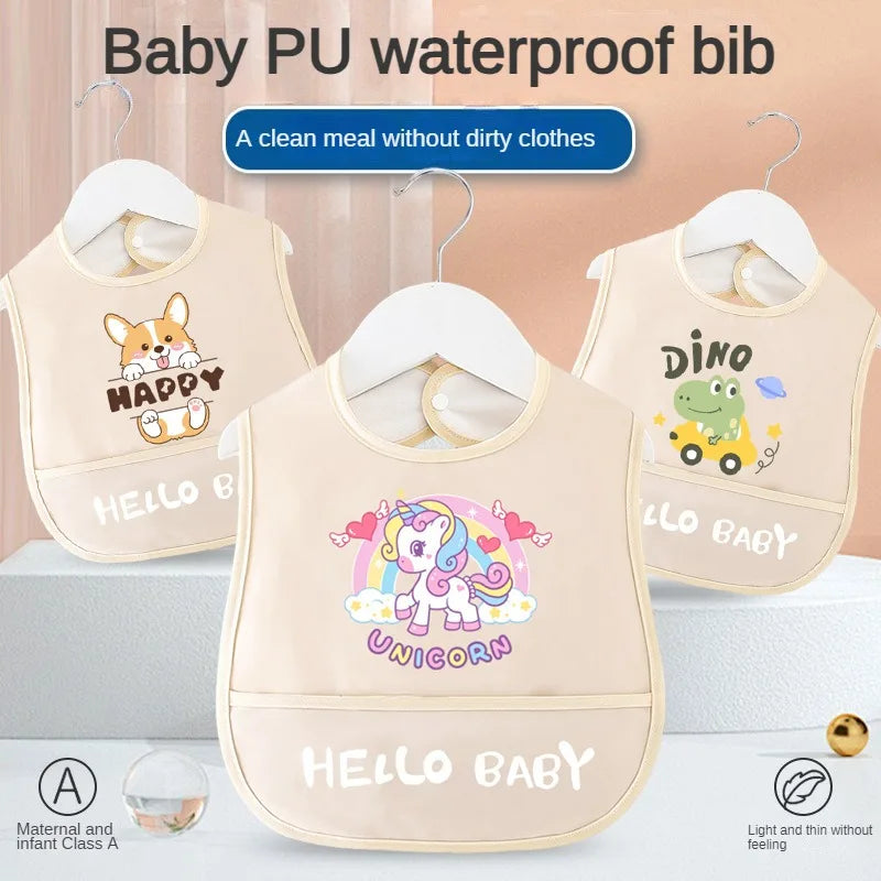 Cartoon Pattern Waterproof Baby Eating Bib Gown for Children Button Closure Food Supplement OEM Service Available