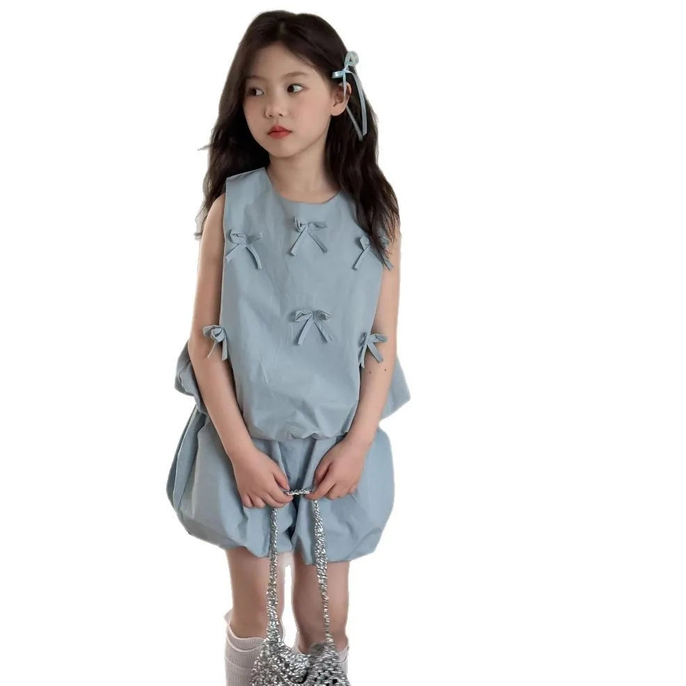 kid girls two-piece set bowknot fashion flowerbud-shaped pant clothing set