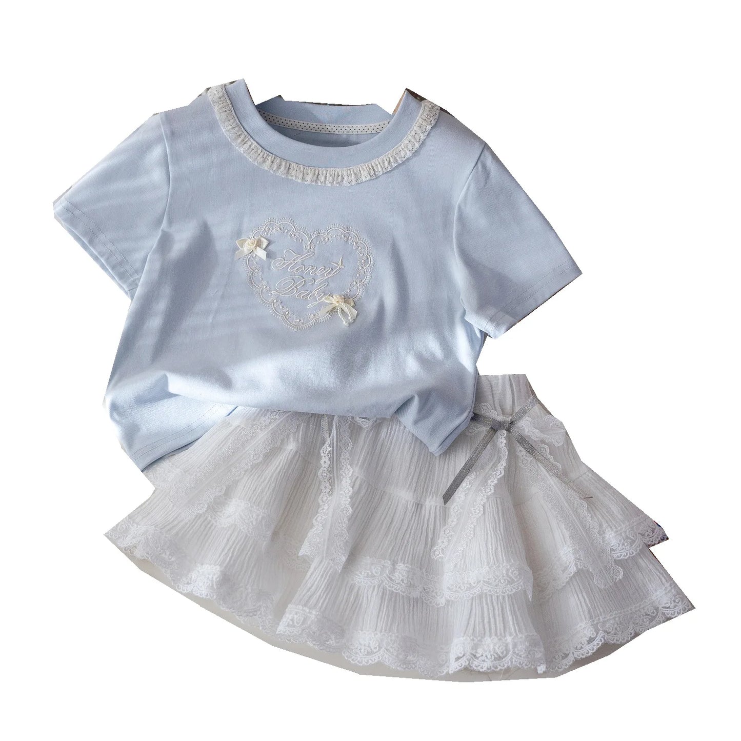 2025 Summer Children Girls 2PCS Clothes Set Lace Embroidery Short Sleeve T-shirt Stylish Puffy Skirts Suit Toddler Girl Outfits