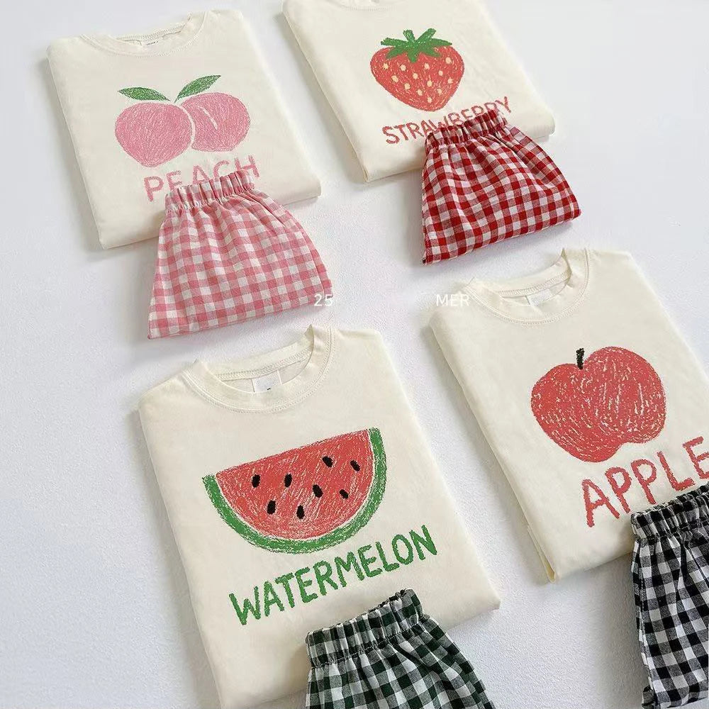 Fruit Pattern T-shirt Children's Clothes Summer Fashion Casual Korean Style Short Sleeve Suit Tees + Plaid Shorts Kids Outfits