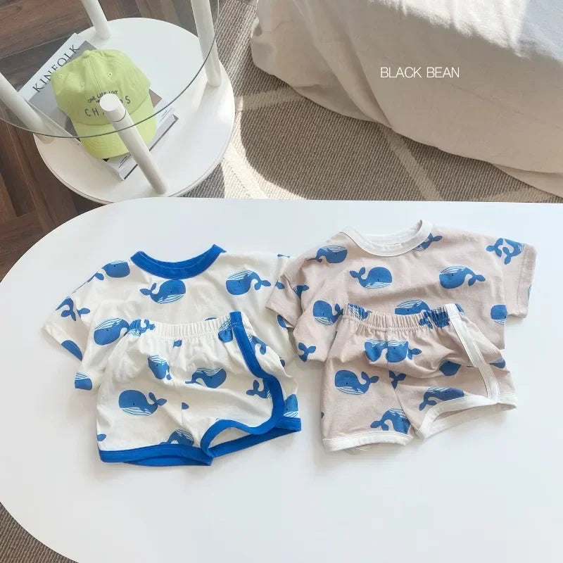 Full Print dolphin Tees +shorts Boys And Girls Cute Cotton Fashion Crew Neck Pullover Short Sleeve Home Clothes 2pcs Suits