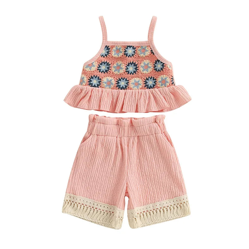 Summer Girls Clothing Sets Floral Design Ruffled Trim Sleeveless Tank Tops and Tassel Shorts Baby Clothes Children Kids Outfits
