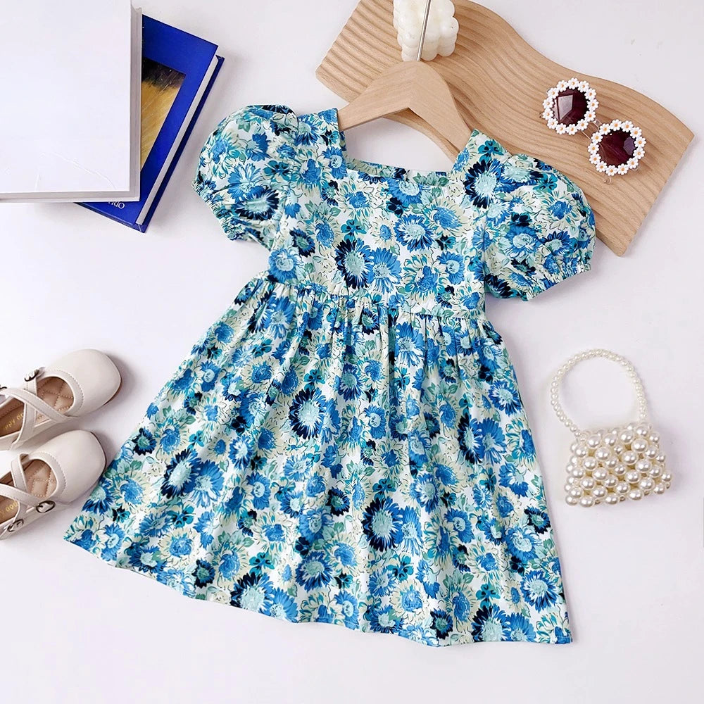 Summer Girls Fashion New Square Neck Puff Sleeve Flower Print Princess Dress 1 Pc 2-6 Years Children Sweet Casual Clothes