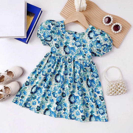 Summer Girls Fashion New Square Neck Puff Sleeve Flower Print Princess Dress 1 Pc 2-6 Years Children Sweet Casual Clothes