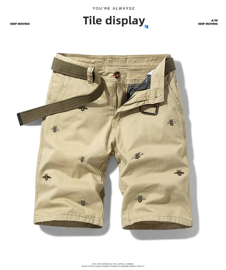 Summer men'sshorts loose straight leg pants casual solid color Japanese style over the knee sports pants multi pocket work pants