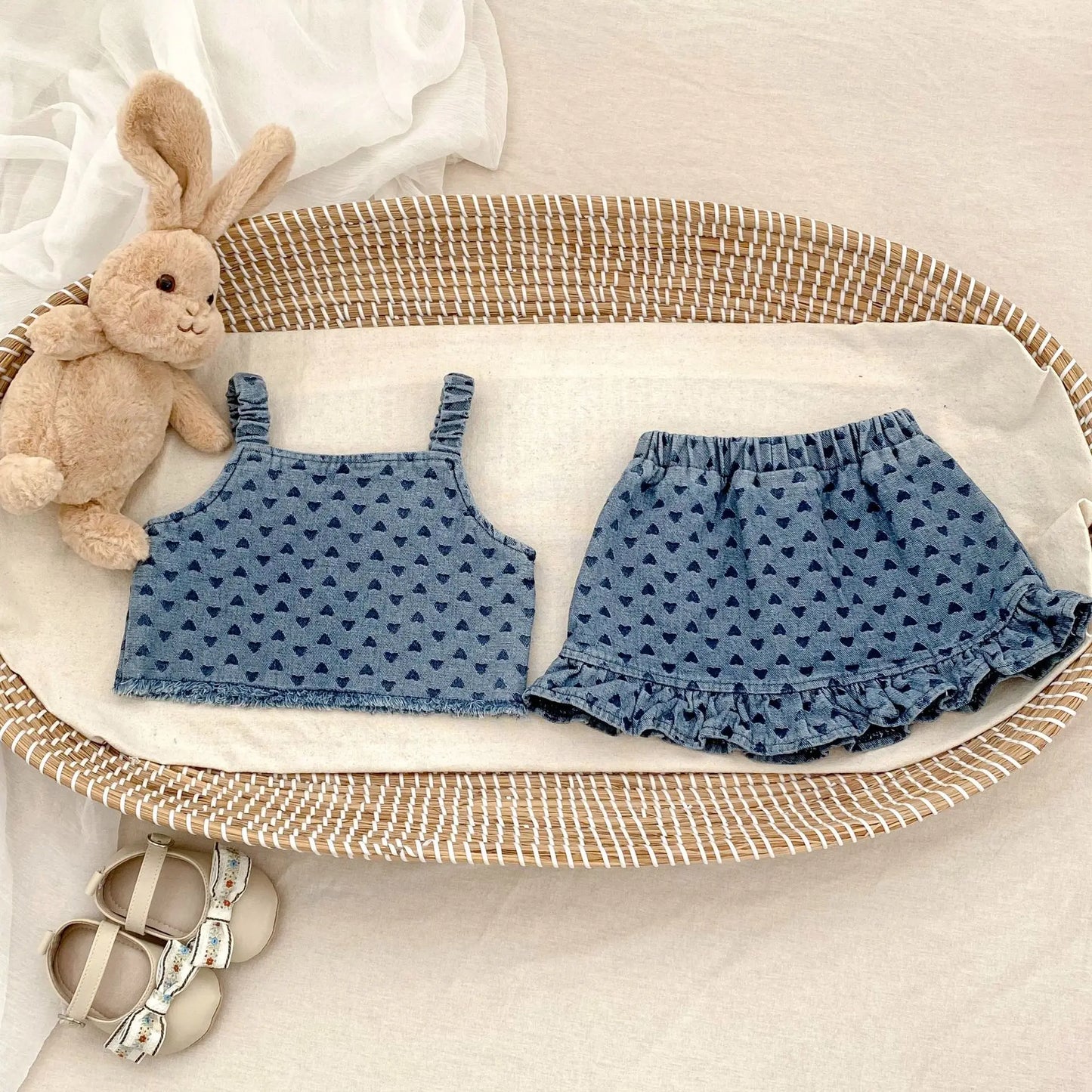 Baby Clothes Summer Female Baby Fashion Trend Cowboy Set Love Cowboy Strap Top Short Skirt Two Piece Set