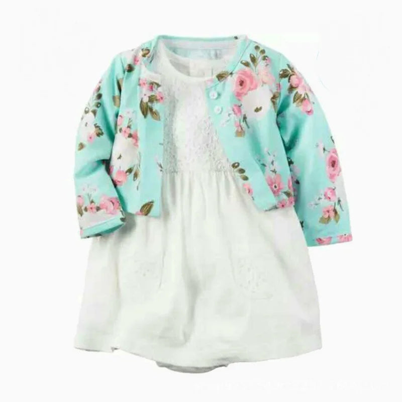 Floral Button Romper Dress+Long Sleeve Small Coat