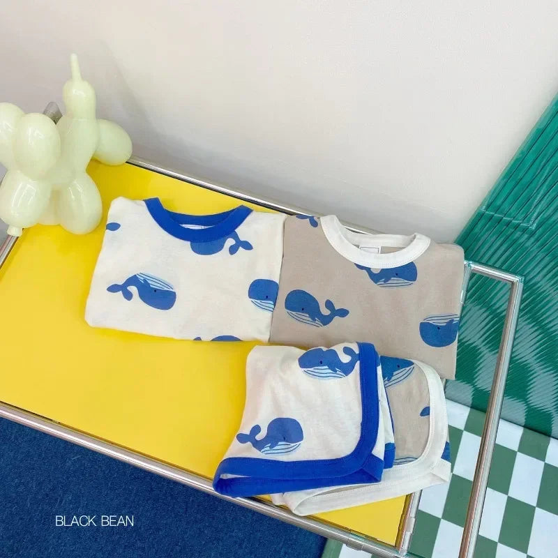 Full Print dolphin Tees +shorts Boys And Girls Cute Cotton Fashion Crew Neck Pullover Short Sleeve Home Clothes 2pcs Suits