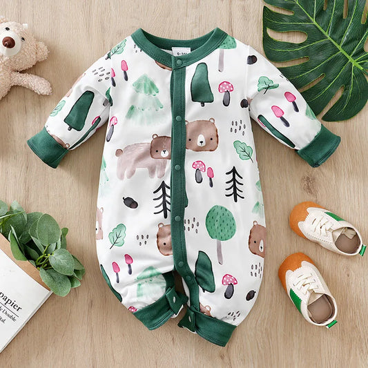 Baby Autumn Clothes Cartoon Animal Elements Baby Boy Long Sleeved Jumpsuit Casual Baby Single Breasted Clothes