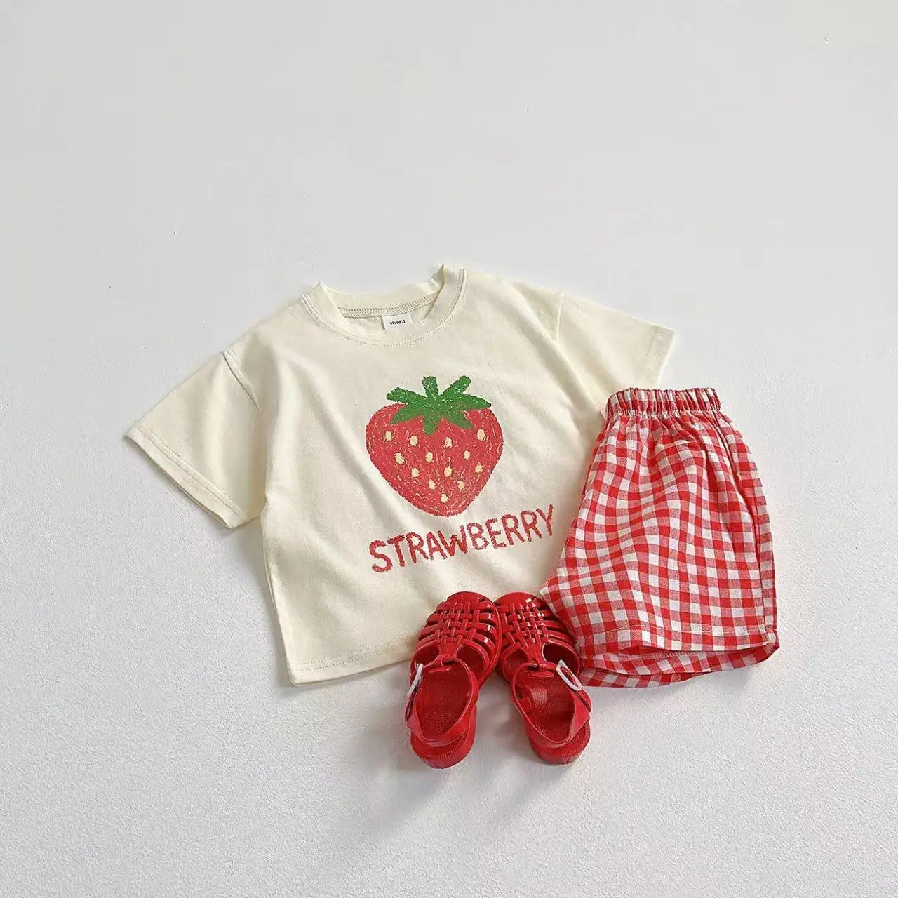 Fruit Pattern T-shirt Children's Clothes Summer Fashion Casual Korean Style Short Sleeve Suit Tees + Plaid Shorts Kids Outfits