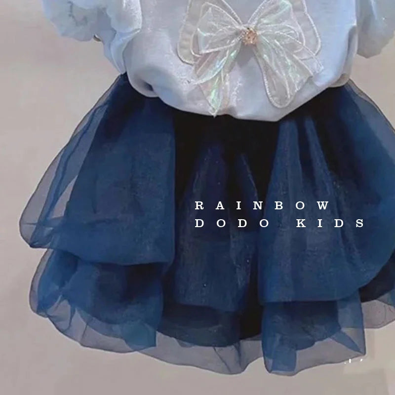 Summer Girls Bow T-shirts Sets Puff Sleeve Tops+Tulle Skirts 2Pcs Suits Kids Fashion Sweet Short Sleeve Outfits Children Clothes