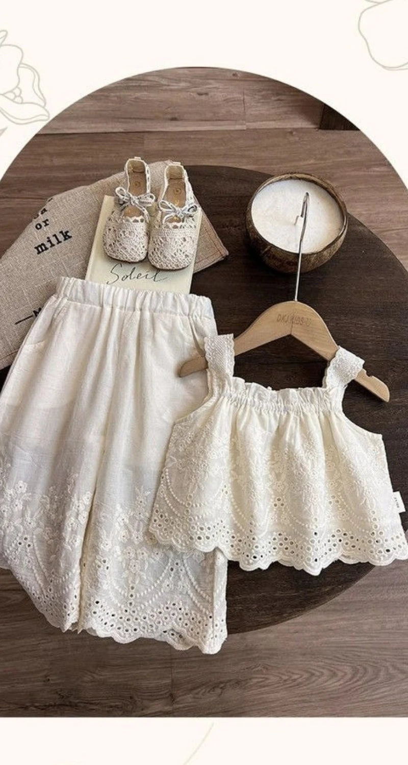 Korean Children's Clothing 2025 Summer New Item Embroidery Vest Wide Leg Pants Two-piece Set Girls' Top Pants Trend