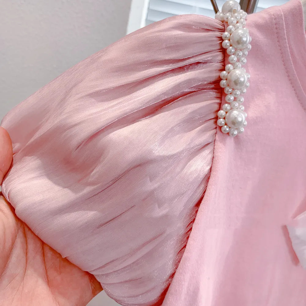 Summer Girls' Clothing Sets Bow Streamer Pearl Stitching Short-Sleeved Tutu Skirt Fashion Baby Kids Outfit Children Clothes Suit