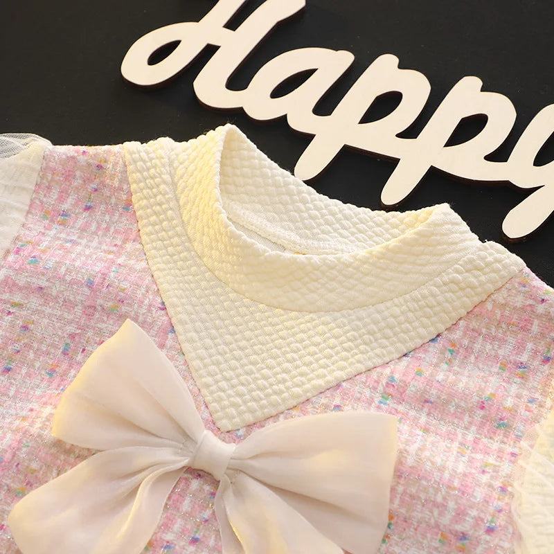 Spring And Autumn New Sweet Bow Baby Girl Dress, Korean Style Euganza Long Sleeve Children'S Clothing (9 Months -3 Years Old)