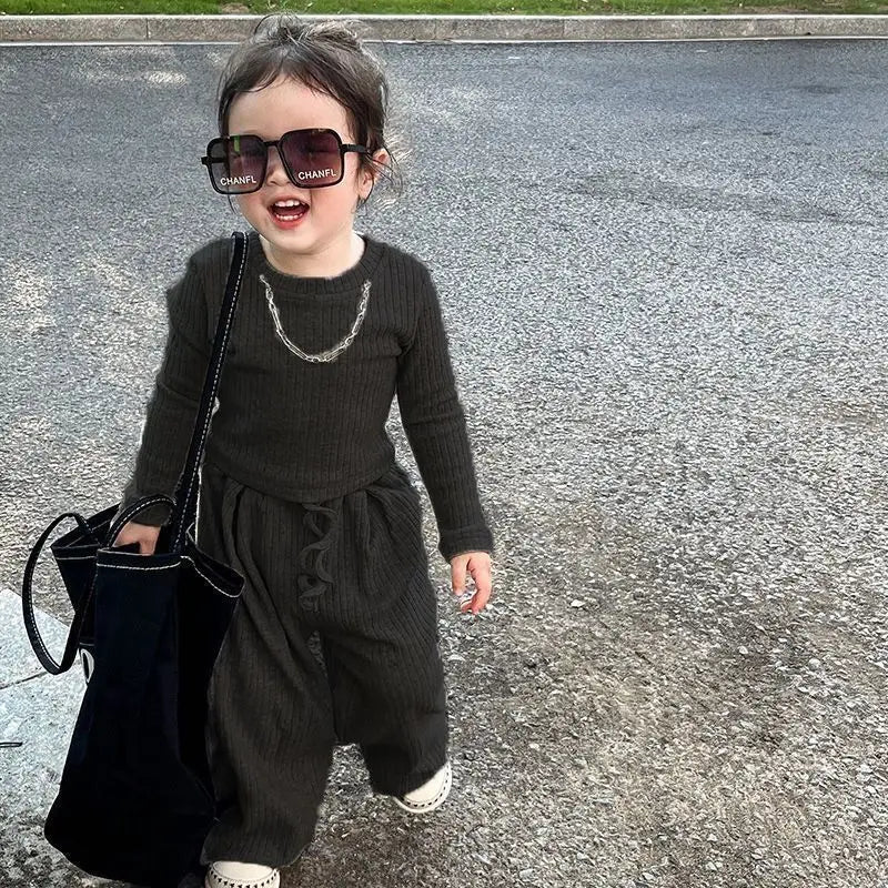 Round Neck Long-Sleeved Top Solid Color Pant Suit