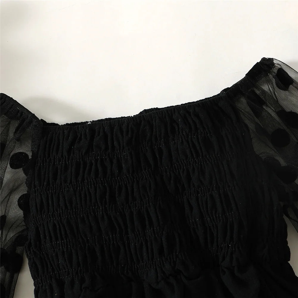 Off the Shoulder Black Mesh Long Sleeved Dress