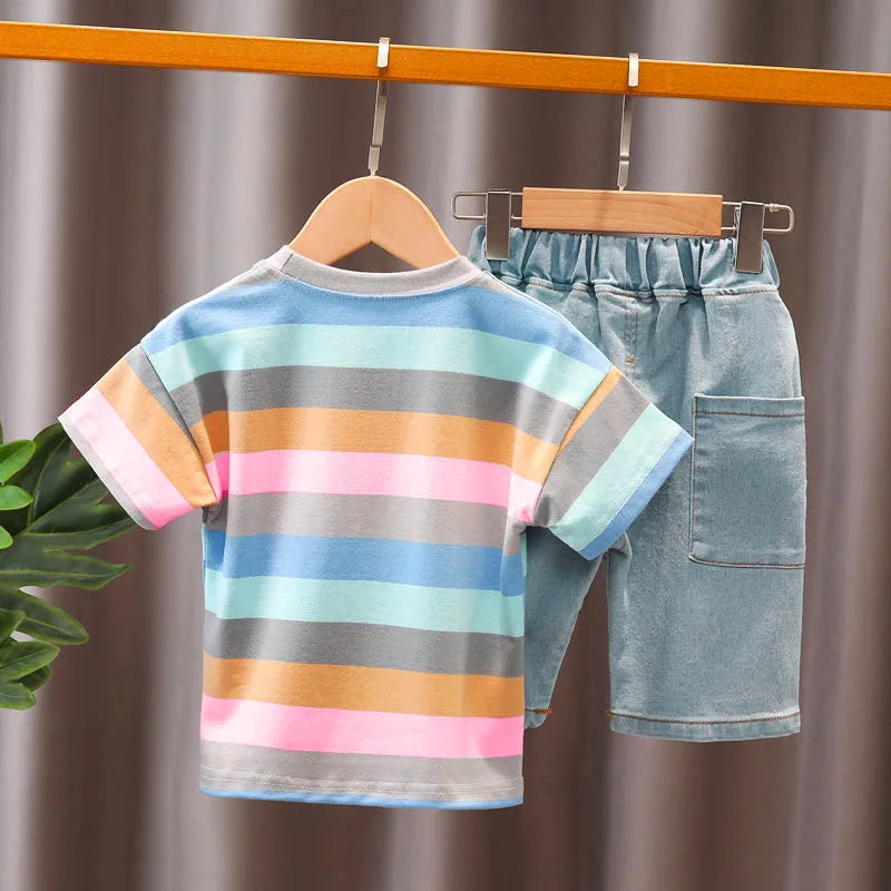 Baby Summer Trend Quality Clothes Set Children's Denim Shorts + Cotton Handsome T-Shirt 2-Piece Set