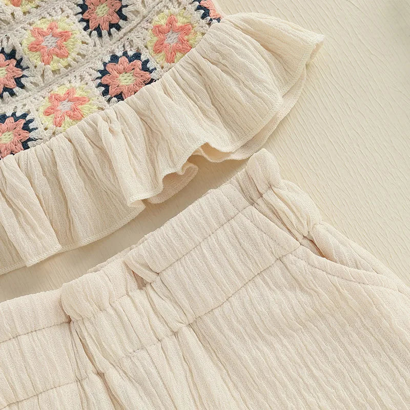 Summer Girls Clothing Sets Floral Design Ruffled Trim Sleeveless Tank Tops and Tassel Shorts Baby Clothes Children Kids Outfits