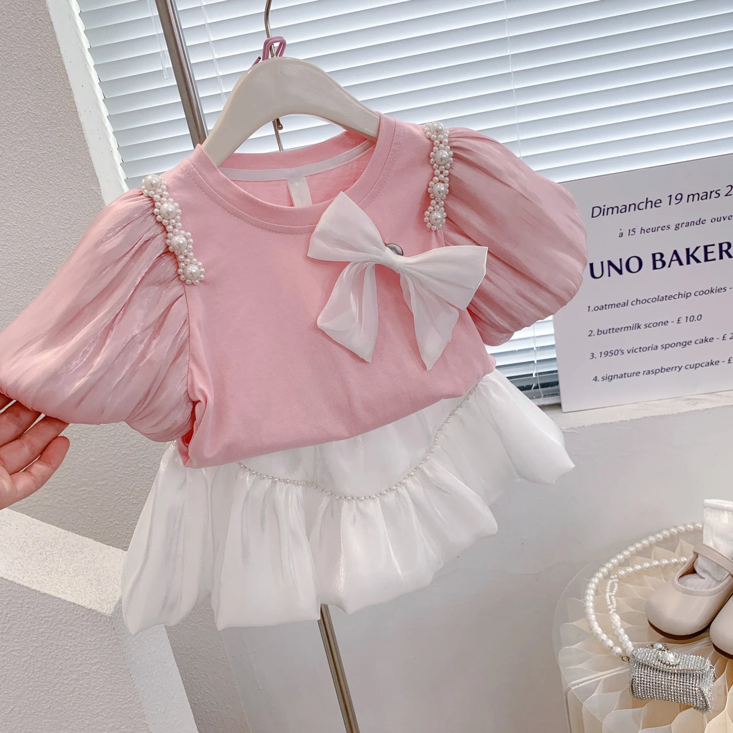 Summer Girls' Clothing Sets Bow Streamer Pearl Stitching Short-Sleeved Tutu Skirt Fashion Baby Kids Outfit Children Clothes Suit
