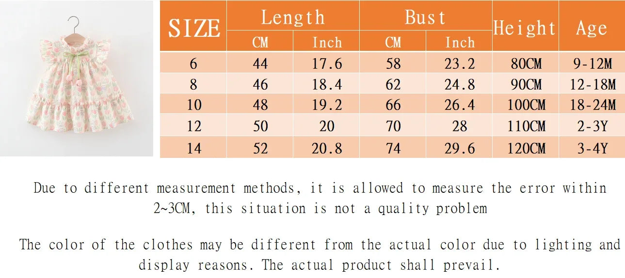 Summer Hardwear Girl Dress Tulip Cartoon Rabbit Print Small Flying Sleeves Flower Neck Bow Ribbon Tulip Flower Pattern