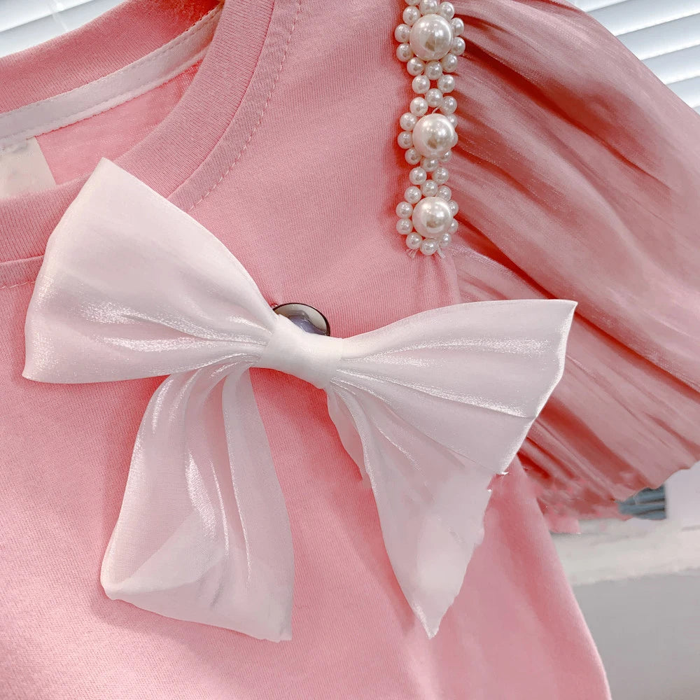 Summer Girls' Clothing Sets Bow Streamer Pearl Stitching Short-Sleeved Tutu Skirt Fashion Baby Kids Outfit Children Clothes Suit