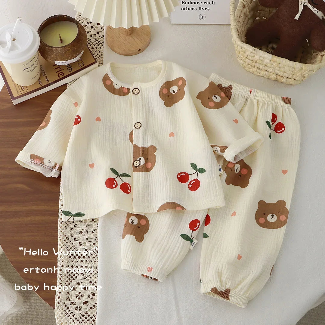 Kids Summer Thin Pajamas 2025 Boys Girls Cute Cartoon Print Long Sleeve Cotton Yarn Clothing Sets Pyjamas Baby Casual Sleepwear