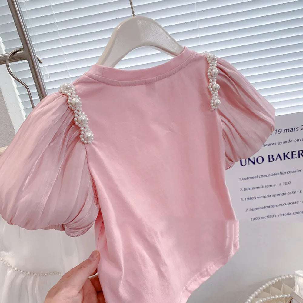 Summer Girls' Clothing Sets Bow Streamer Pearl Stitching Short-Sleeved Tutu Skirt Fashion Baby Kids Outfit Children Clothes Suit