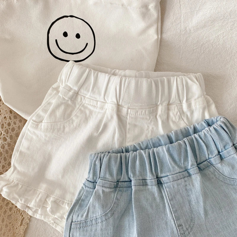 Children New Summer Kids Girls Ruffle Shorts Solid Brief Denim Children's Wear Teenage Girl Jeans