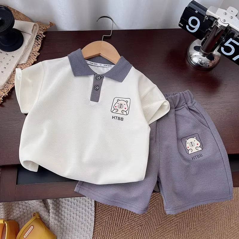 Korean Mother Kids Clothes Boys Girls Polo Shirt Shorts 2pcs Set Summer Cotton Short Sleeve Fashion Suit 1-6Y Children Clothing