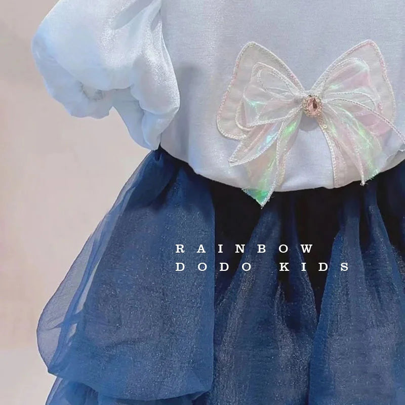 Summer Girls Bow T-shirts Sets Puff Sleeve Tops+Tulle Skirts 2Pcs Suits Kids Fashion Sweet Short Sleeve Outfits Children Clothes