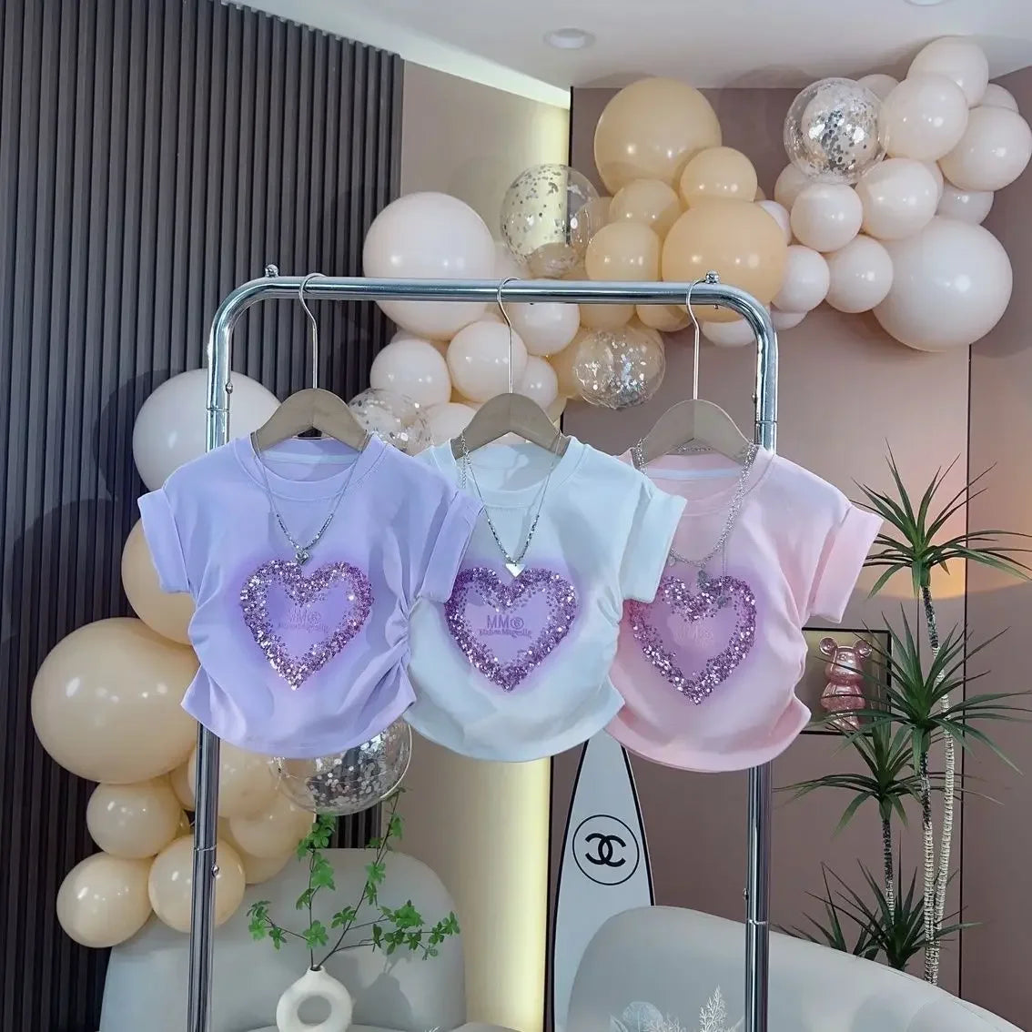 2024 New Baby Girls Summer Teenage Fashion Casual Sets, Love Pattern T-shirt + Sequined Skirts 3-9T