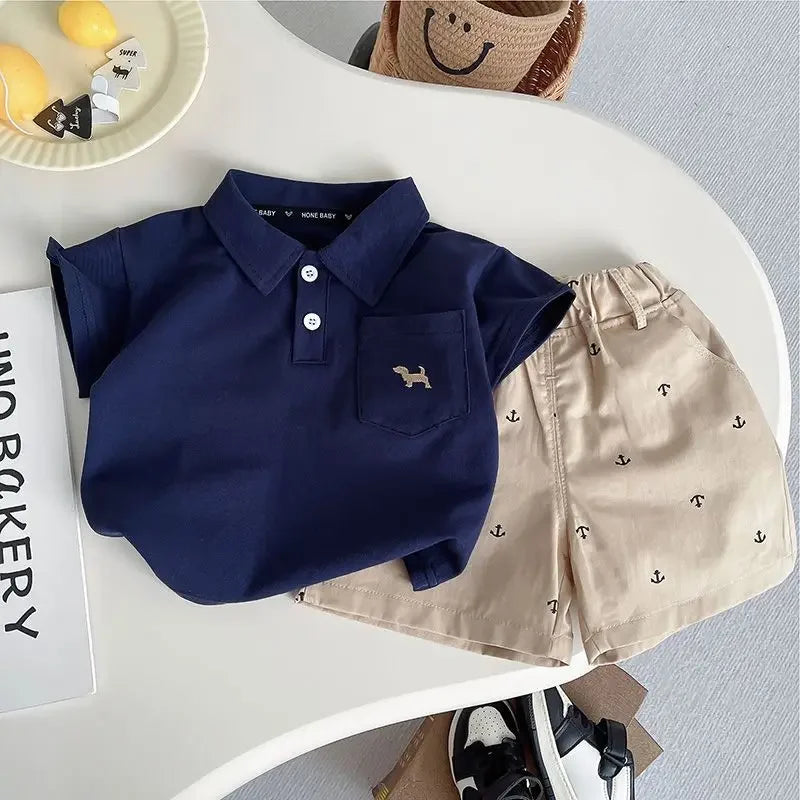 Infant Boys Summer Thin Polo Shirt Set Baby Boy Short Sleeved Cartoon Embroidered Shirt + Full Printed Casual Shorts 2pcs Set