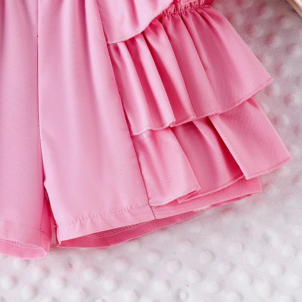 Bear Leader Summer New Pink Girls Clothes Sweet and Cute Children's Suit Pearl Bow Decorative Strap Top+Cake Skirt 2-piece Set