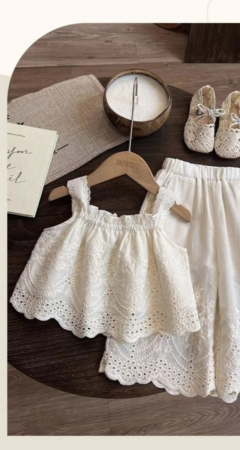 Korean Children's Clothing 2025 Summer New Item Embroidery Vest Wide Leg Pants Two-piece Set Girls' Top Pants Trend