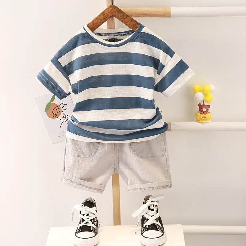 Summer Baby Boys Clothes Suit Fashion Tshirt Toddler Boy Outfit Set Stripe Shirt+Denim Shorts 2 Pcs Sets Infants Kids Clothes