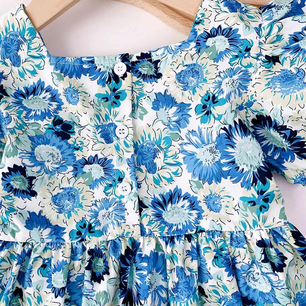 Summer Girls Fashion New Square Neck Puff Sleeve Flower Print Princess Dress 1 Pc 2-6 Years Children Sweet Casual Clothes