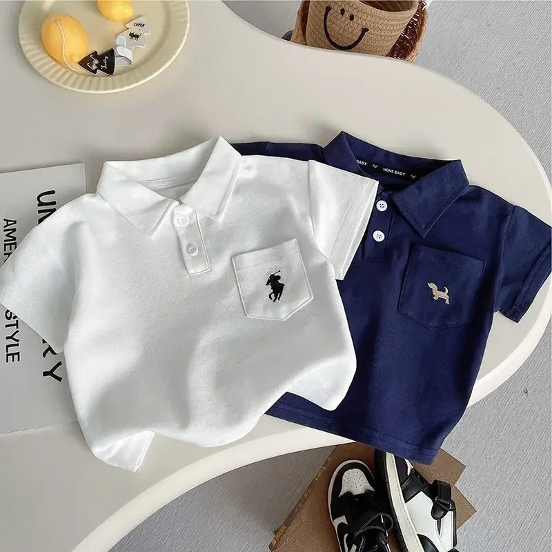 Infant Boys Summer Thin Polo Shirt Set Baby Boy Short Sleeved Cartoon Embroidered Shirt + Full Printed Casual Shorts 2pcs Set