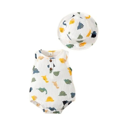 2PCS Clothing Set Newborn Baby Boy Dinosaur Print Sleeveless Bodysuit+Hat Cute Style Summer Photograph Outfit for 0-9 Months