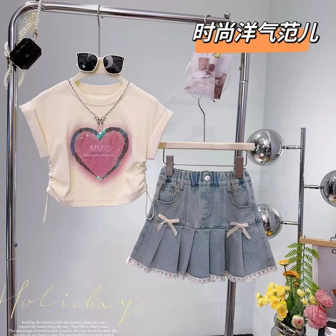 Summer girls' pleated skirt set new fashionable children's princess skirt+short sleeved T-shirt two-piece set kids Outfits