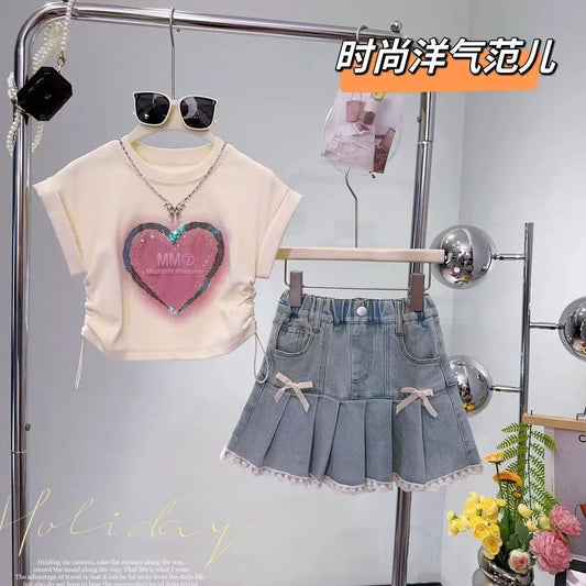 Summer girls' pleated skirt set new fashionable children's princess skirt+short sleeved T-shirt two-piece set kids Outfits