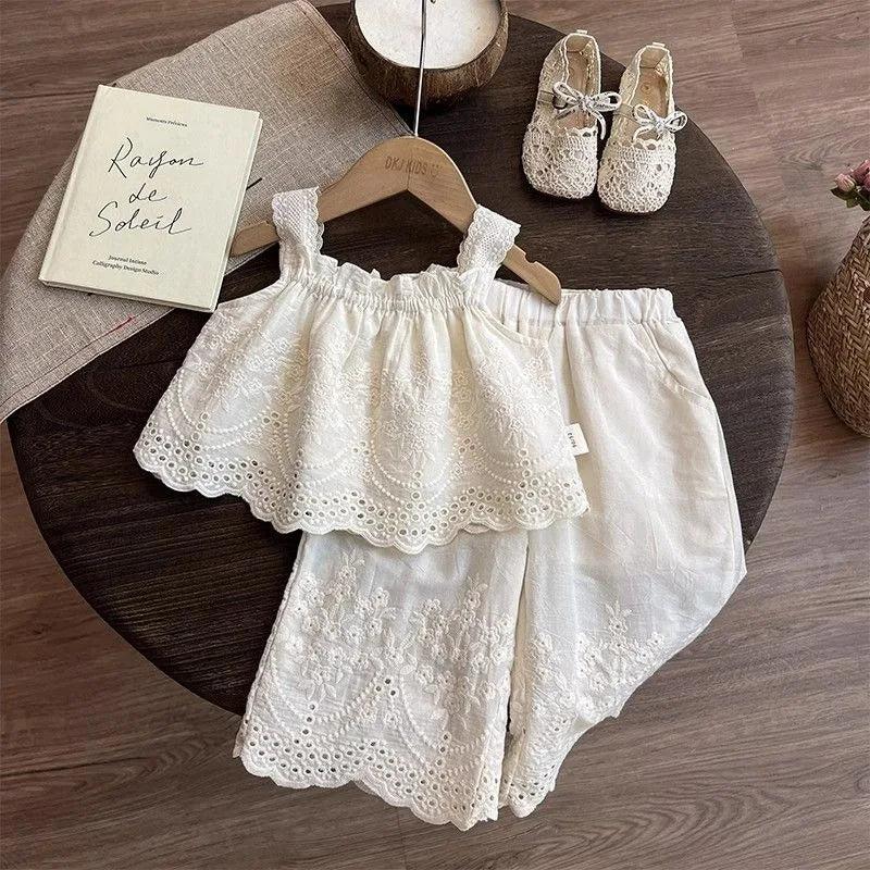 Korean Children's Clothing 2025 Summer New Item Embroidery Vest Wide Leg Pants Two-piece Set Girls' Top Pants Trend