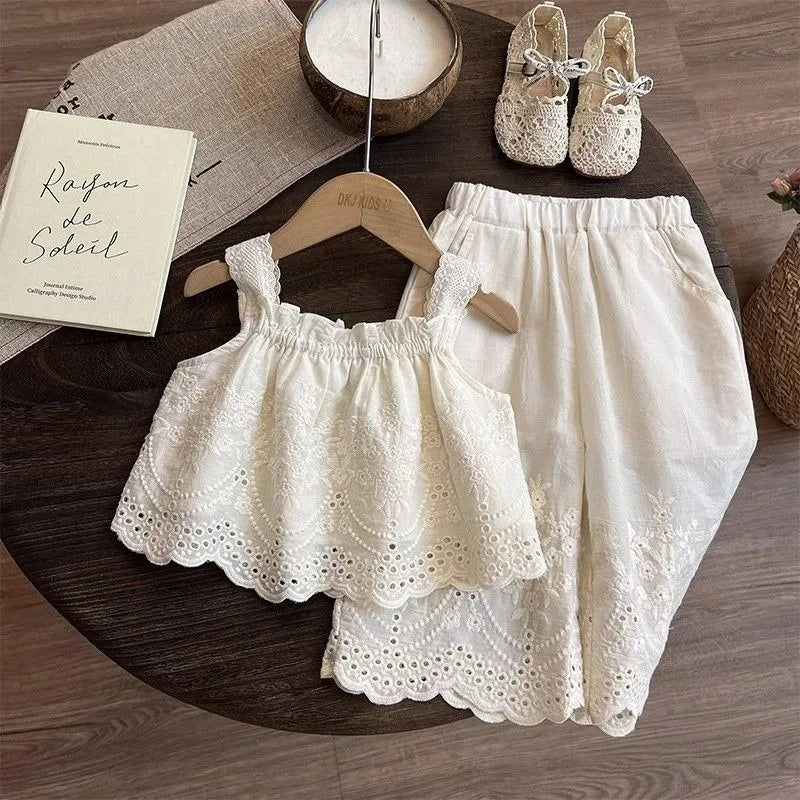 Korean Children's Clothing 2025 Summer New Item Embroidery Vest Wide Leg Pants Two-piece Set Girls' Top Pants Trend